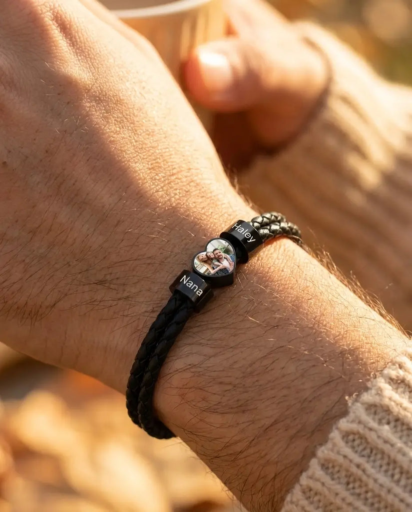 Personalised Men's Leather Bracelet with Photo Heart & 2 Engraved Beads IfShe UK