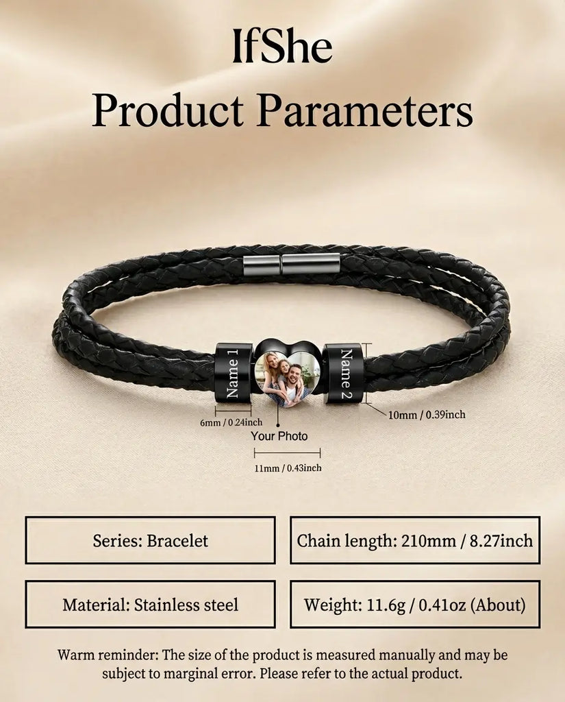 Personalised Men's Leather Bracelet with Photo Heart & 2 Engraved Beads IfShe UK