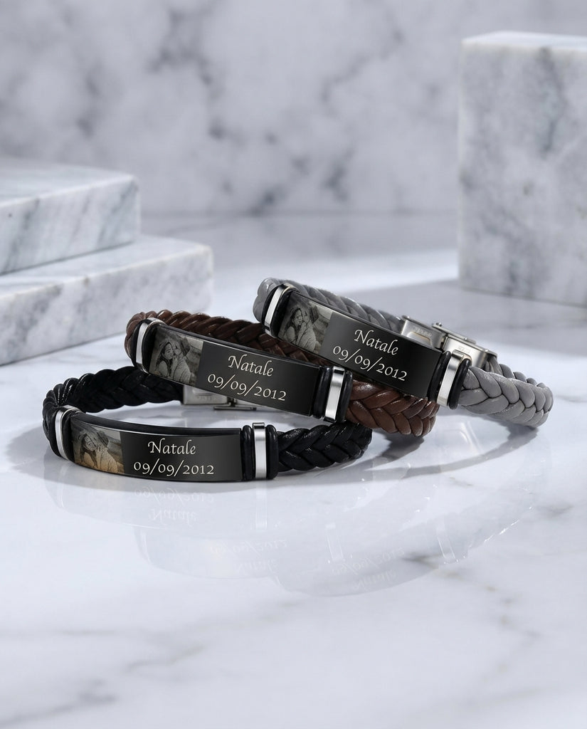 Personalised Men's Photo Bracelet - Engraved Braided Leather ID Band IfShe UK