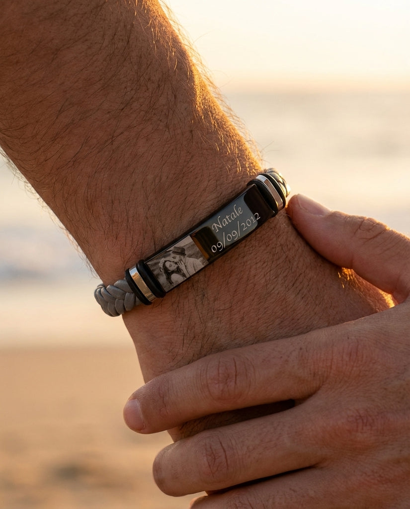 Personalised Men's Photo Bracelet - Engraved Braided Leather ID Band IfShe UK
