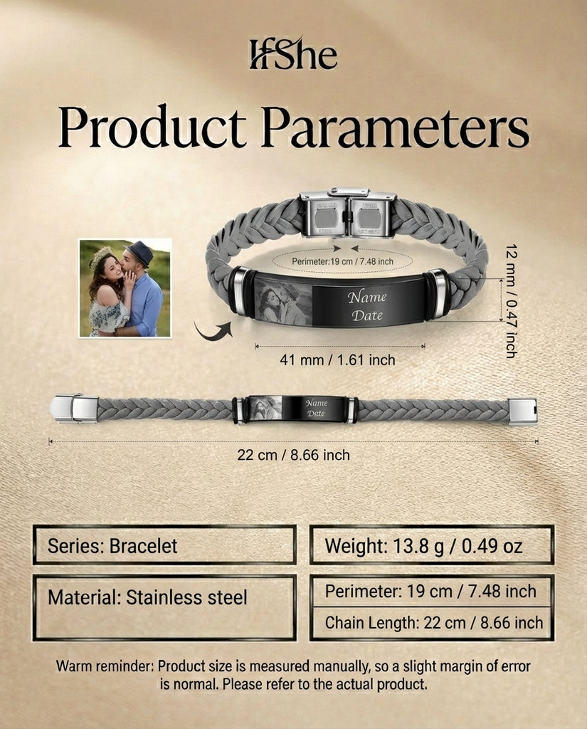 Personalised Men's Photo Bracelet - Engraved Braided Leather ID Band IfShe UK