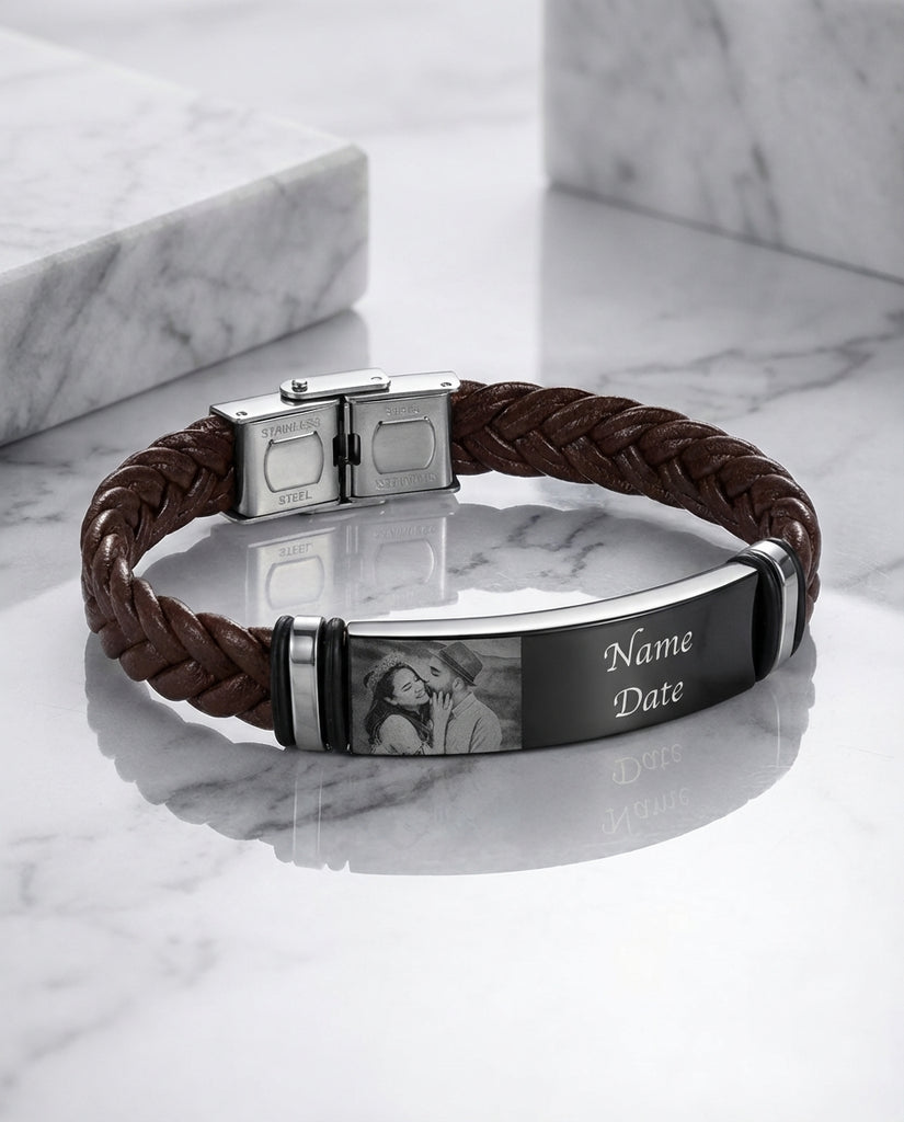 Personalised Men's Photo Bracelet - Engraved Braided Leather ID Band IfShe UK