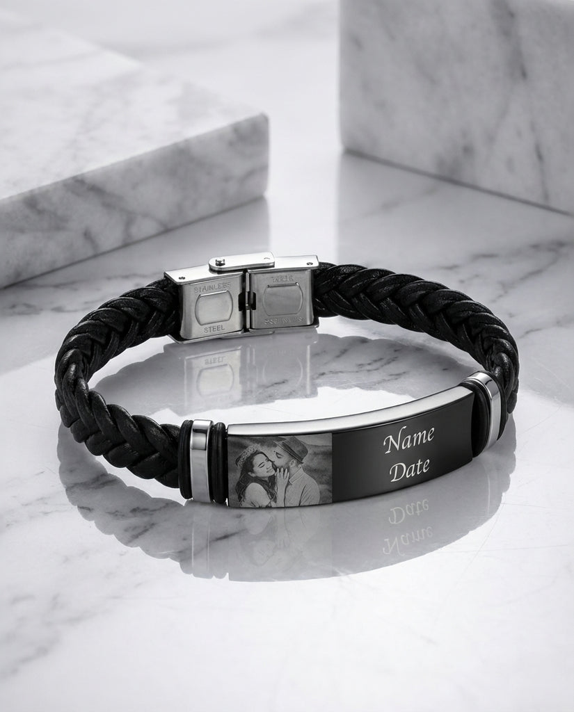 Personalised Men's Photo Bracelet - Engraved Braided Leather ID Band IfShe UK