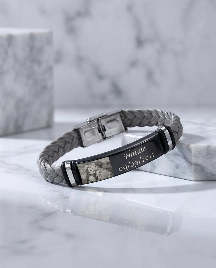 Personalised Men's Photo Bracelet - Engraved Braided Leather ID Band IfShe UK