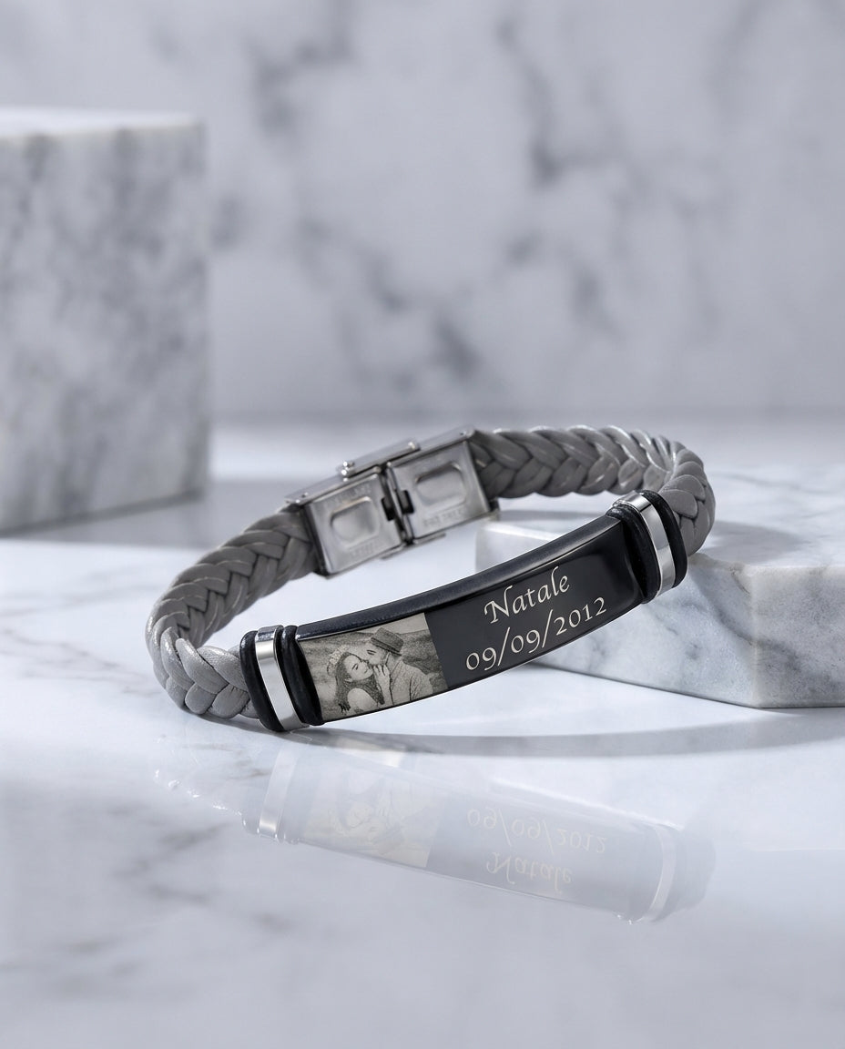 Personalised Men's Photo Bracelet - Engraved Braided Leather ID Band IfShe UK