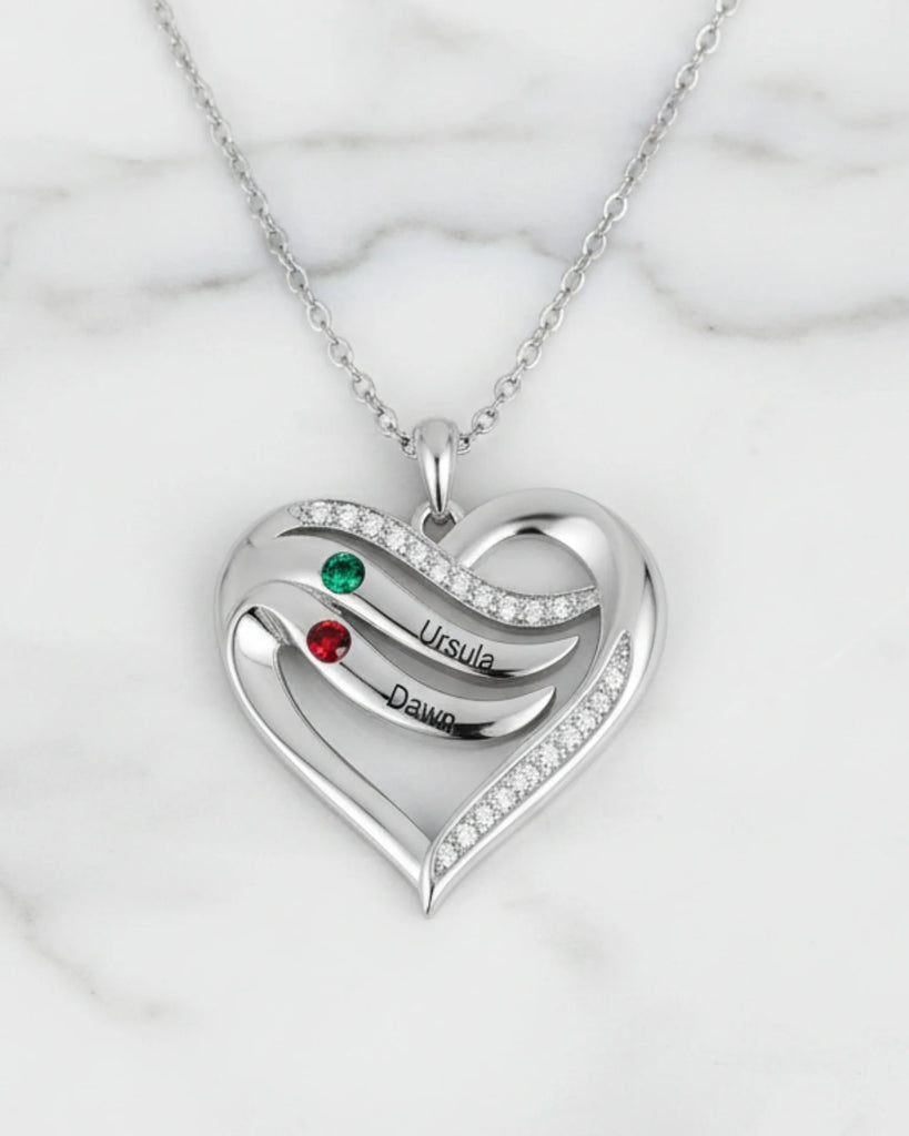 Personalised Name Engraved Heart Necklace for Mum with 2-5 Children's Birthstones, 925 Sterling Silver/Copper