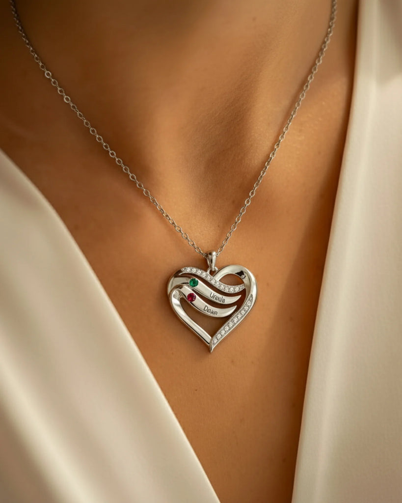 Personalised Name Engraved Heart Necklace for Mum with 2-5 Children's Birthstones, 925 Sterling Silver/Copper