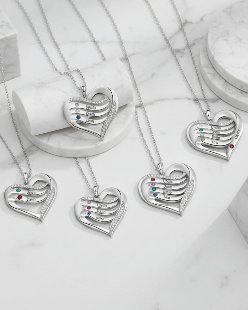 Personalised Name Engraved Heart Necklace for Mum with 2-5 Children's Birthstones, 925 Sterling Silver/Copper