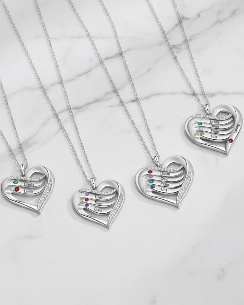 Personalised Name Engraved Heart Necklace for Mum with 2-5 Children's Birthstones, 925 Sterling Silver/Copper