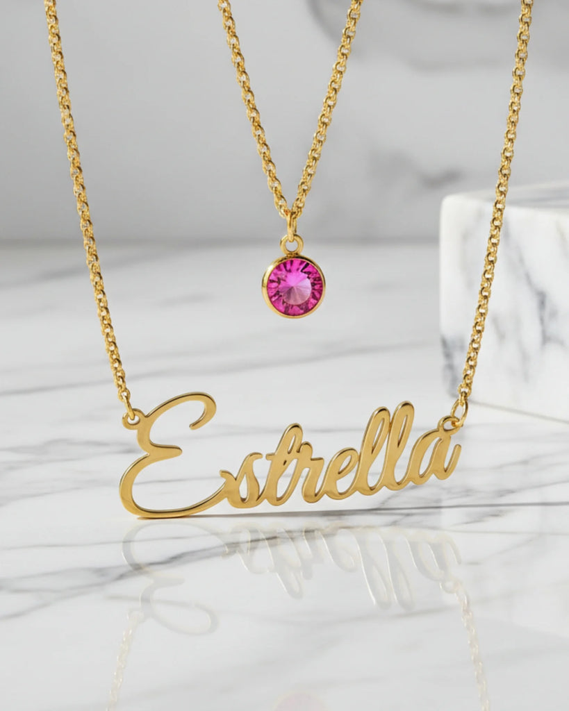 Personalised Name Necklace with Birthstone Layered Set in Sterling Silver IfShe UK