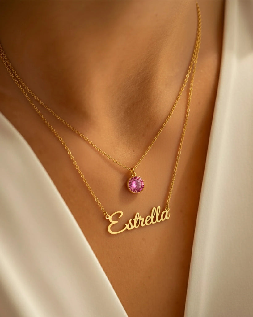 Personalised Name Necklace with Birthstone Layered Set in Sterling Silver IfShe UK
