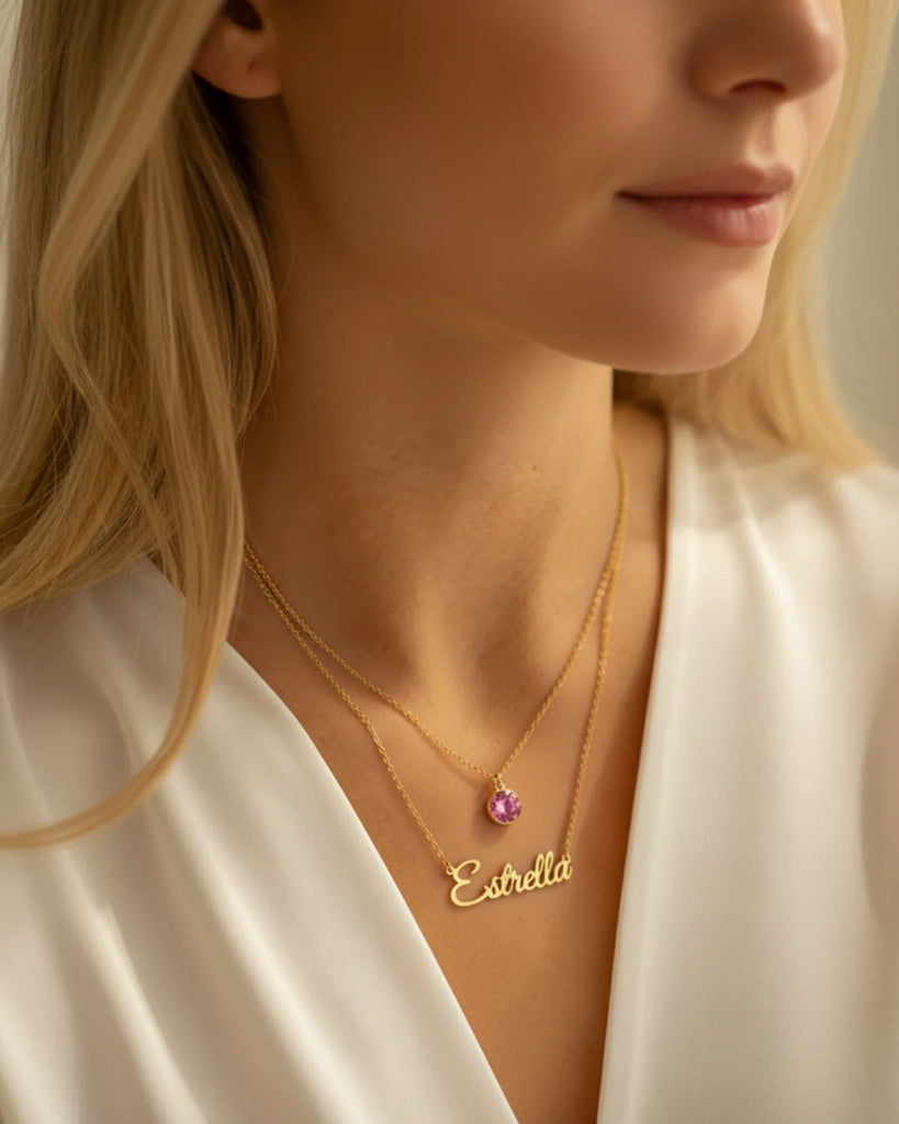 Personalised Name Necklace with Birthstone Layered Set in Sterling Silver IfShe UK