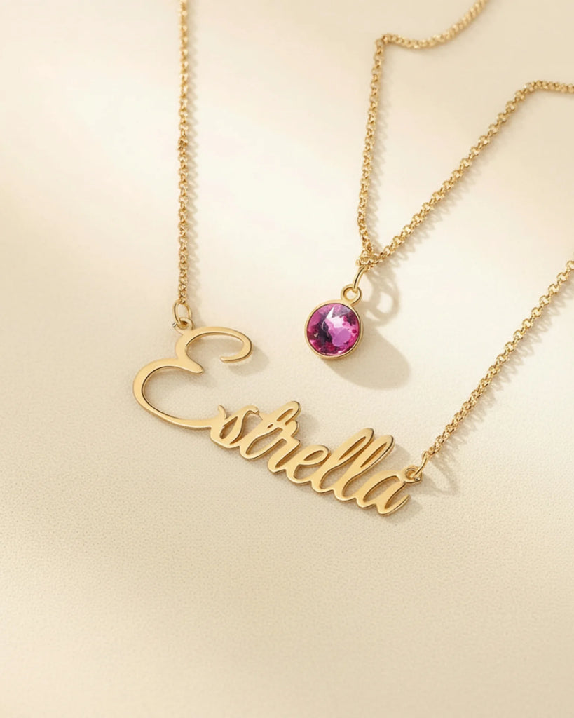 Personalised Name Necklace with Birthstone Layered Set in Sterling Silver IfShe UK