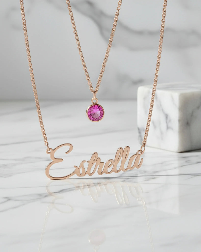 Personalised Name Necklace with Birthstone Layered Set in Sterling Silver IfShe UK