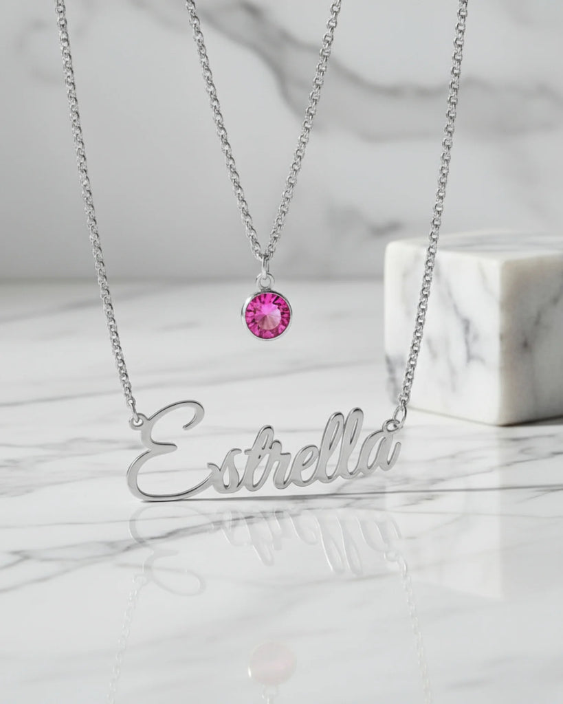Personalised Name Necklace with Birthstone Layered Set in Sterling Silver IfShe UK