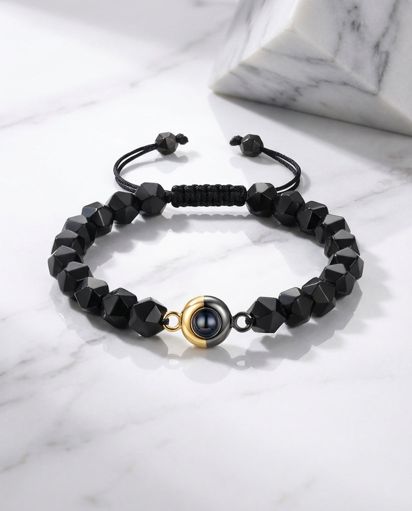 Personalised Obsidian Photo Projection Bracelet - Black Bead Picture Keeper IfShe UK