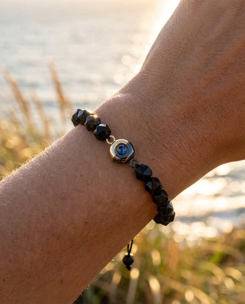 Personalised Obsidian Photo Projection Bracelet - Black Bead Picture Keeper IfShe UK