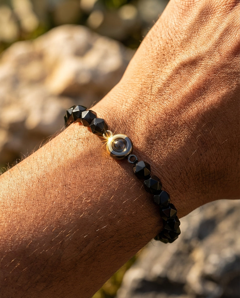 Personalised Obsidian Photo Projection Bracelet - Black Bead Picture Keeper IfShe UK