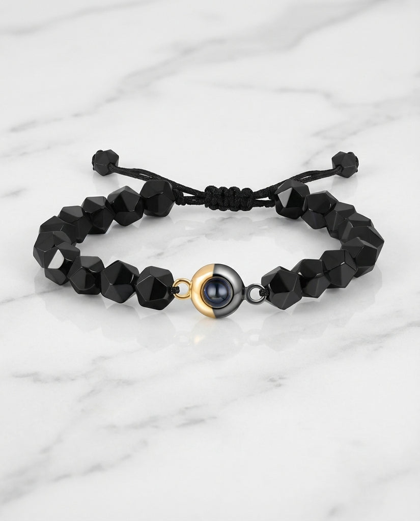 Personalised Obsidian Photo Projection Bracelet - Black Bead Picture Keeper IfShe UK