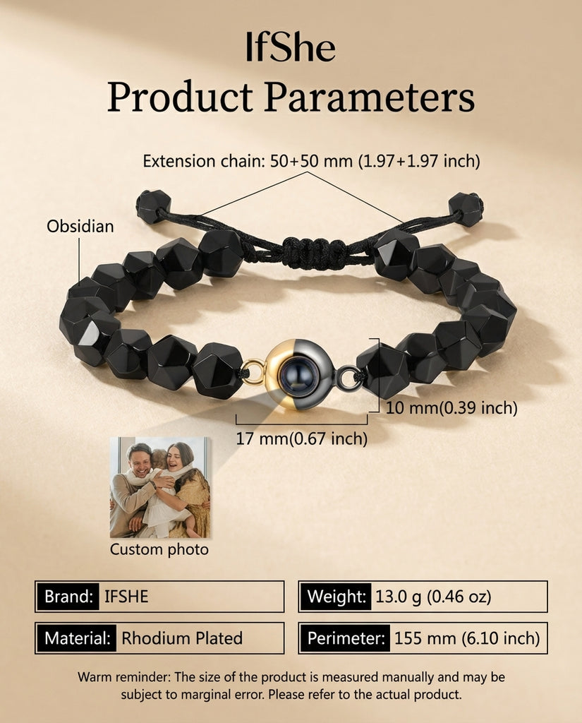 Personalised Obsidian Photo Projection Bracelet - Black Bead Picture Keeper IfShe UK