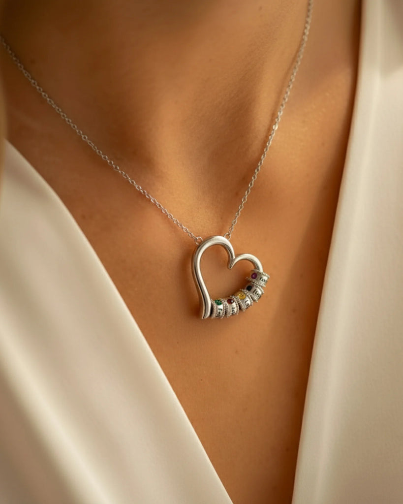 Personalised Open Heart Mother's Necklace with Custom Name and Birthstone Beads