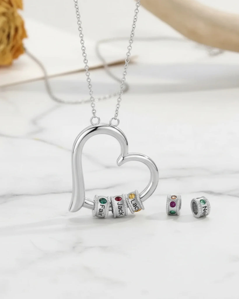 Personalised Open Heart Mother's Necklace with Custom Name and Birthstone Beads