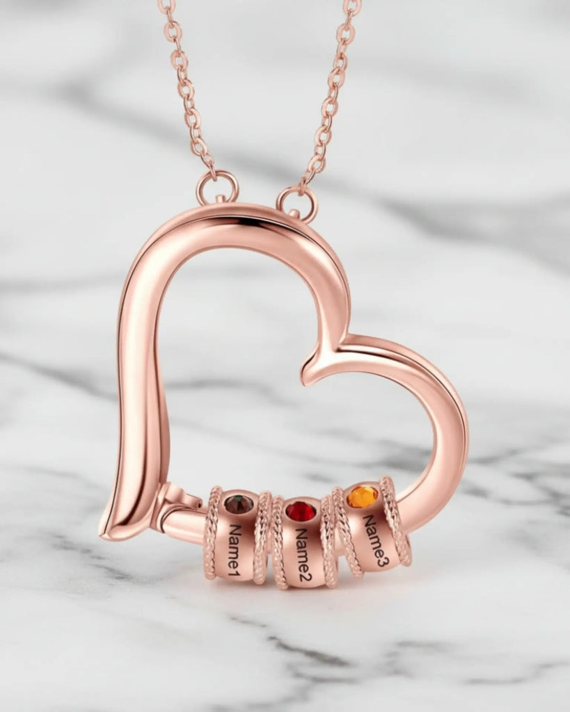 Personalised Open Heart Mother's Necklace with Custom Name and Birthstone Beads