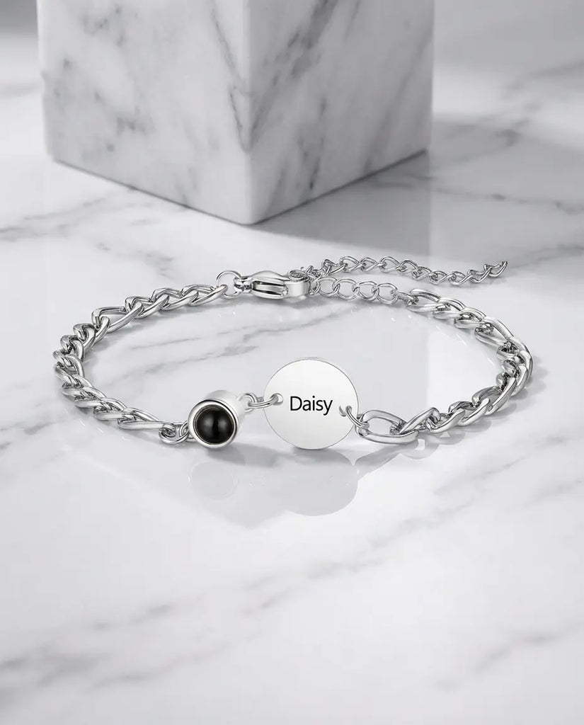 Personalised Photo Projection Bracelet with Engraved Name Disc IfShe UK