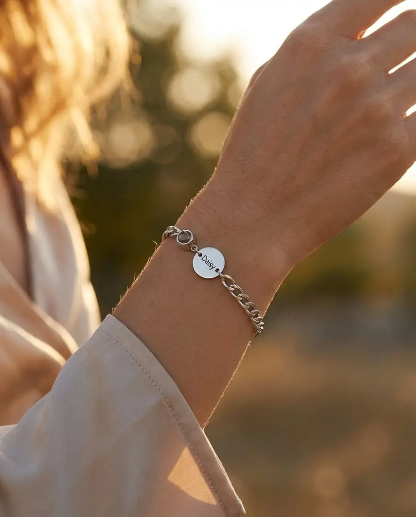 Personalised Photo Projection Bracelet with Engraved Name Disc IfShe UK