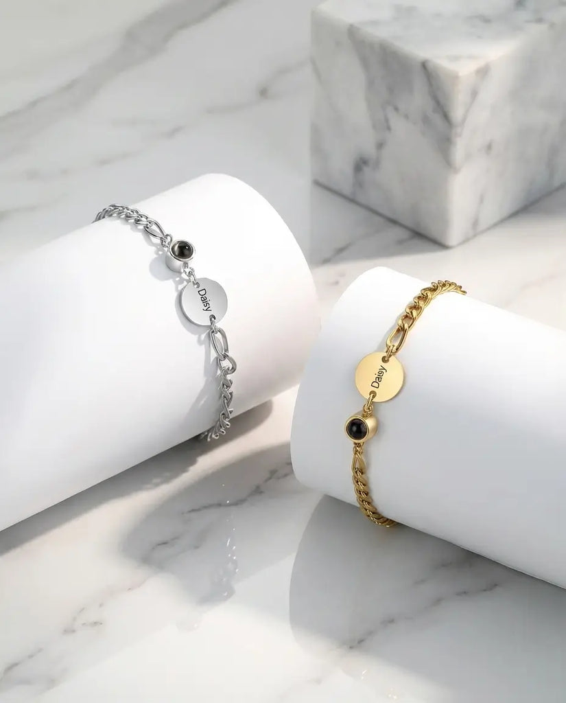 Personalised Photo Projection Bracelet with Engraved Name Disc IfShe UK