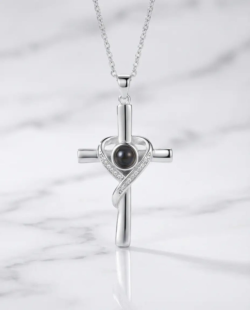 Personalised Photo Projection Necklace - Heart Wrapped Cross Pendant IfShe UK