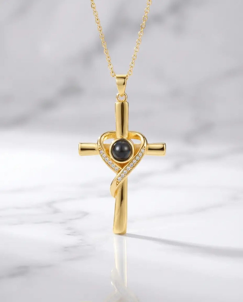Personalised Photo Projection Necklace - Heart Wrapped Cross Pendant IfShe UK