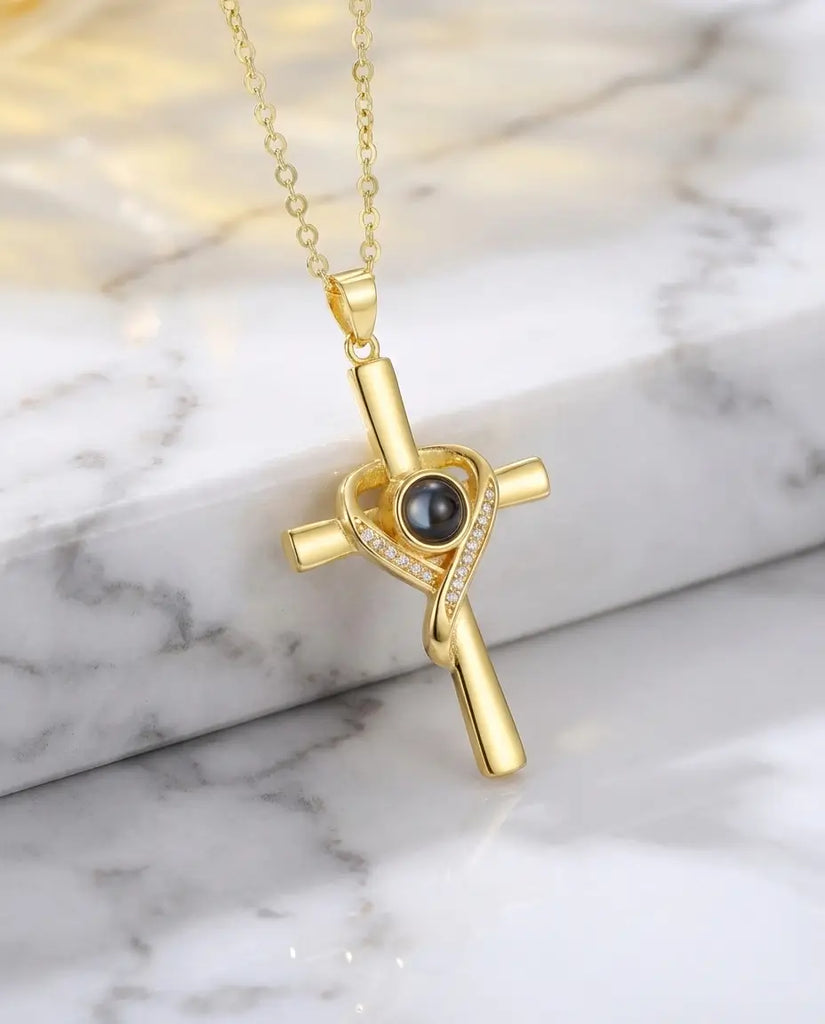 Personalised Photo Projection Necklace - Heart Wrapped Cross Pendant IfShe UK