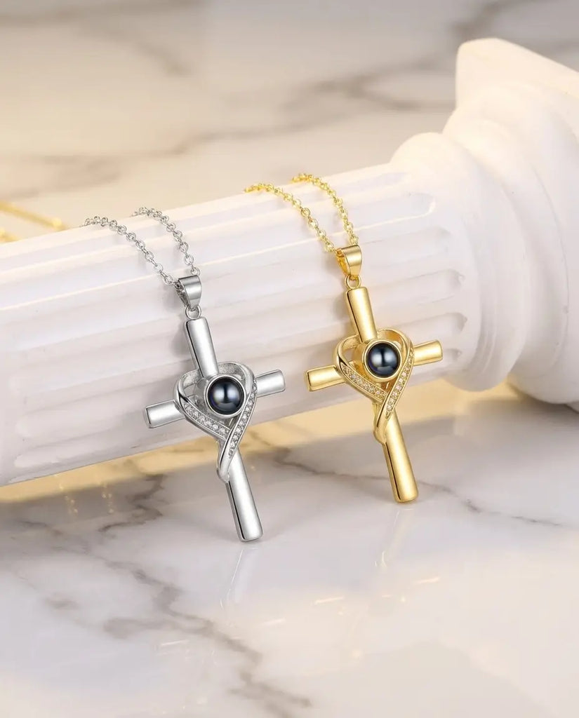 Personalised Photo Projection Necklace - Heart Wrapped Cross Pendant IfShe UK