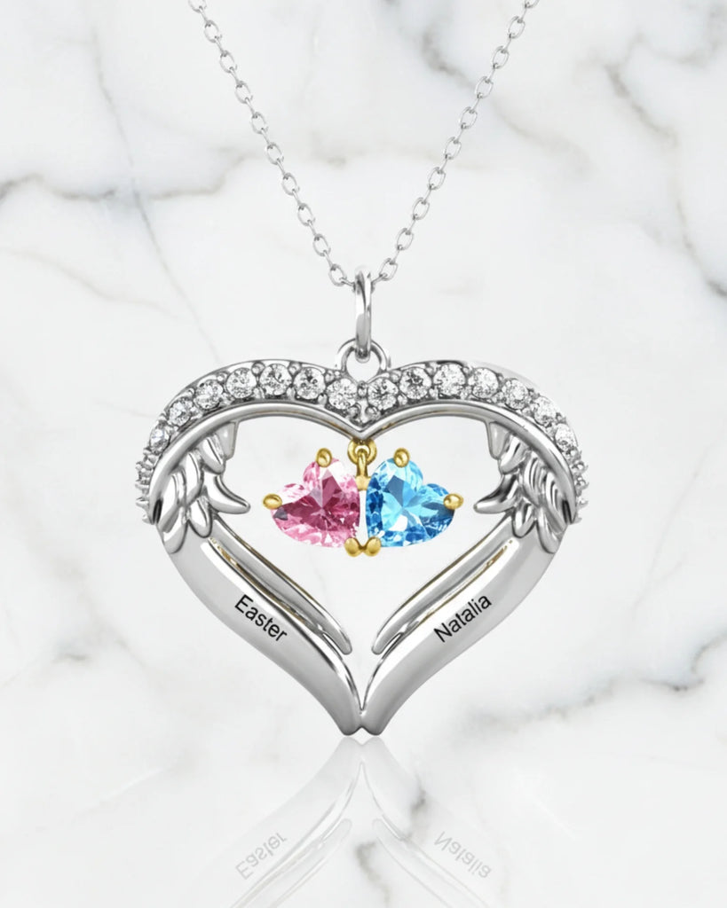 Personalised Sterling Silver Heart Wing Birthstone Necklace