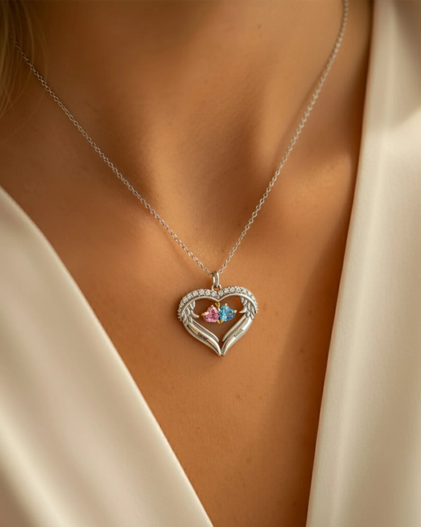 Personalised Sterling Silver Heart Wing Birthstone Necklace