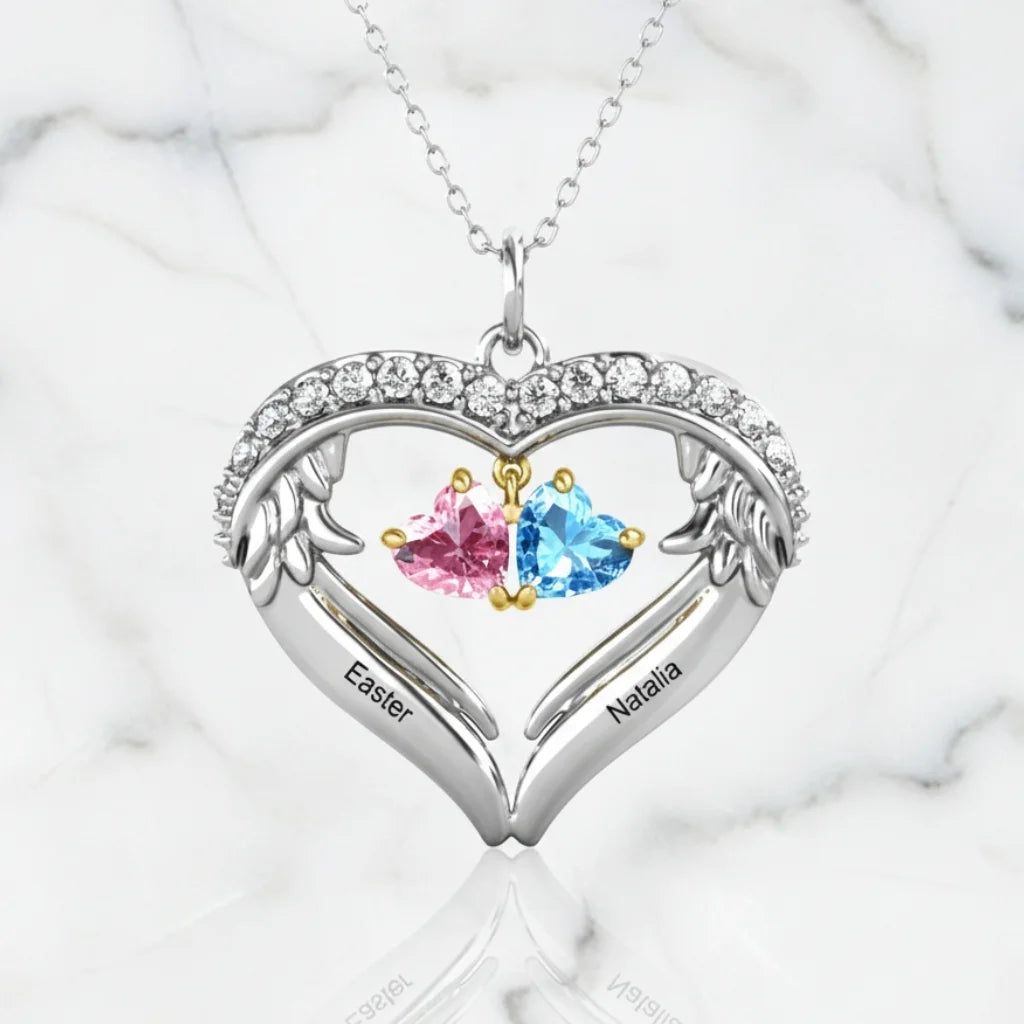 Personalised Sterling Silver Heart Wing Birthstone Necklace – Custom Engraved Names
