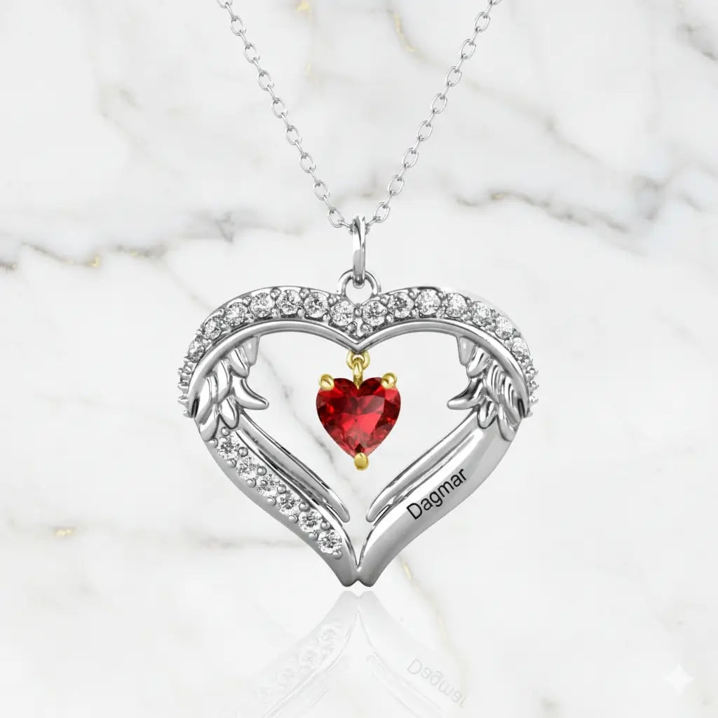 Personalised Sterling Silver Heart Wing Birthstone Necklace – Custom Engraved Names