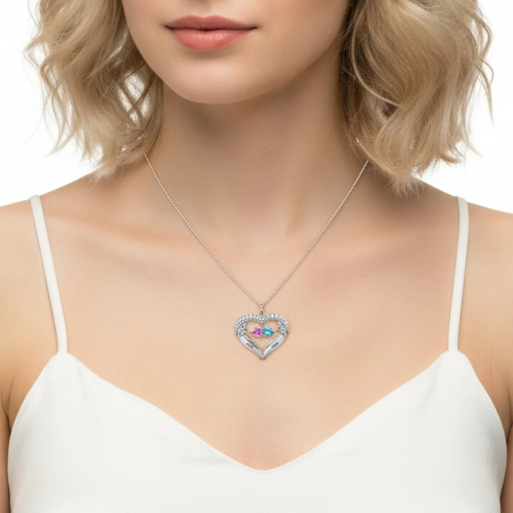 Personalised Sterling Silver Heart Wing Birthstone Necklace – Custom Engraved Names
