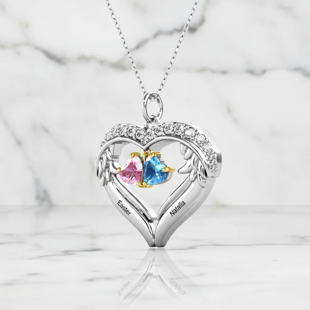 Personalised Sterling Silver Heart Wing Birthstone Necklace – Custom Engraved Names