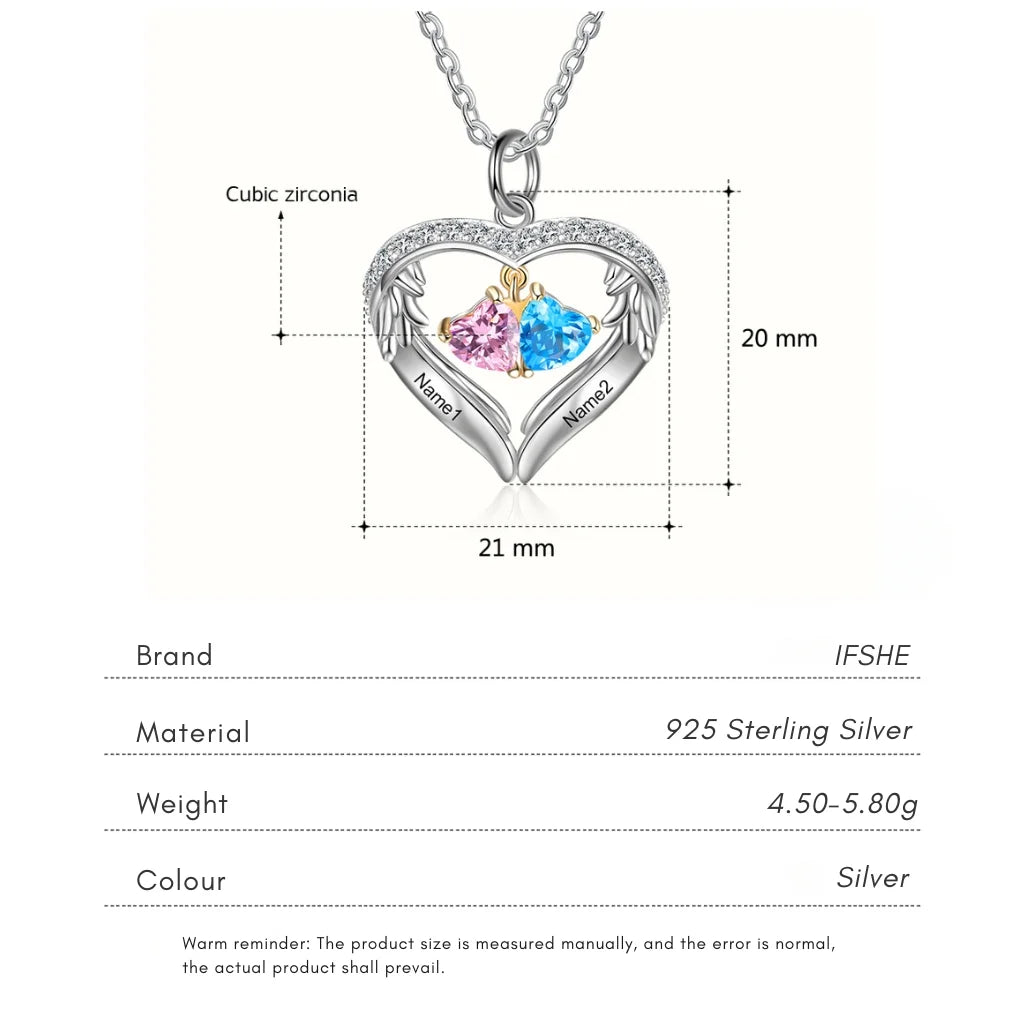 Personalised Sterling Silver Heart Wing Birthstone Necklace – Custom Engraved Names