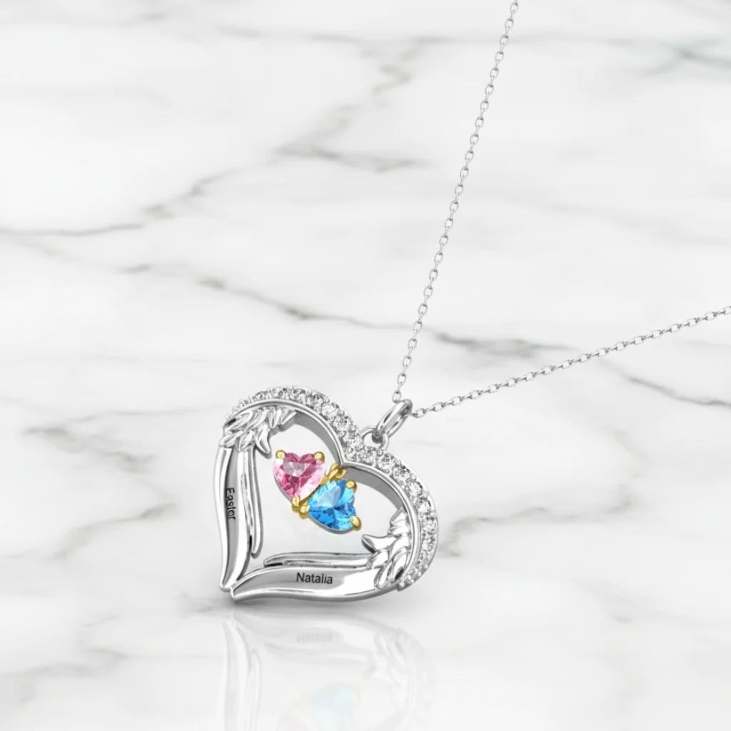 Personalised Sterling Silver Heart Wing Birthstone Necklace – Custom Engraved Names