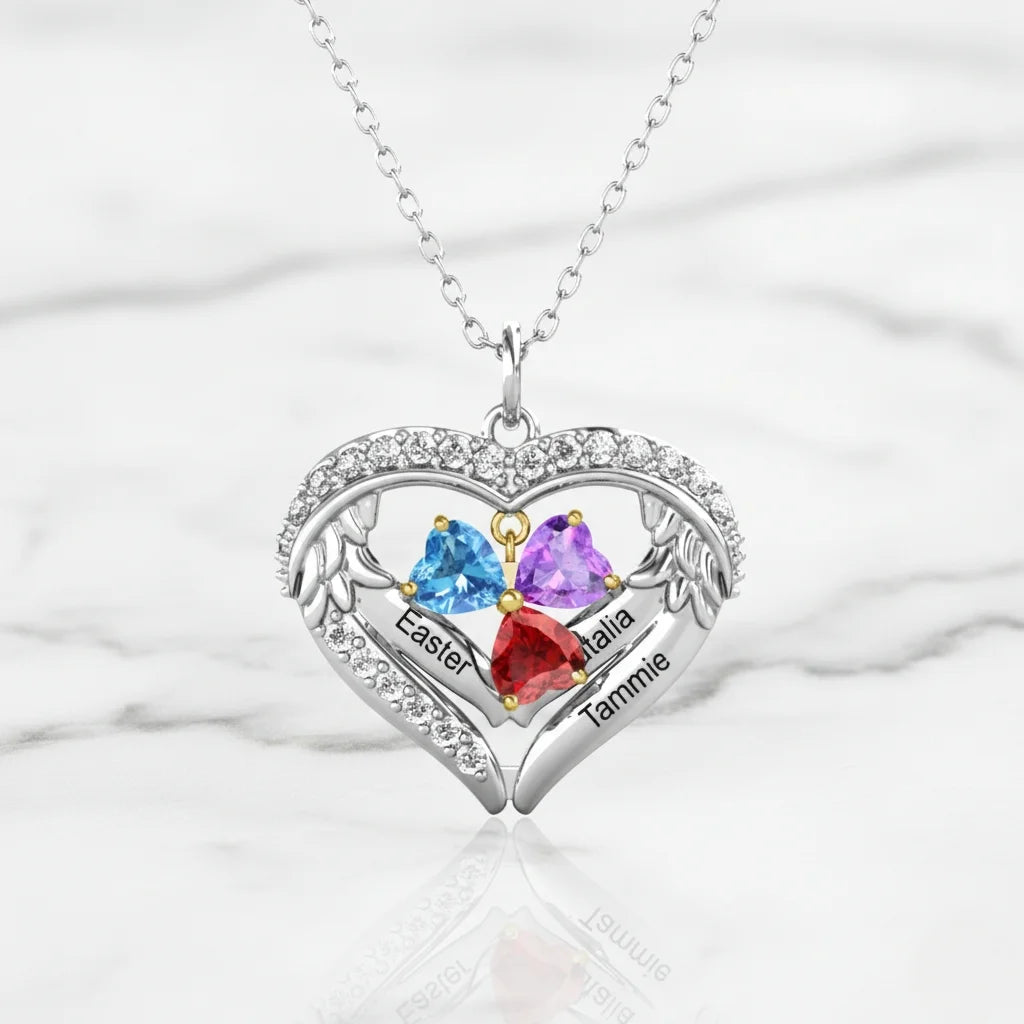 Personalised Sterling Silver Heart Wing Birthstone Necklace – Custom Engraved Names