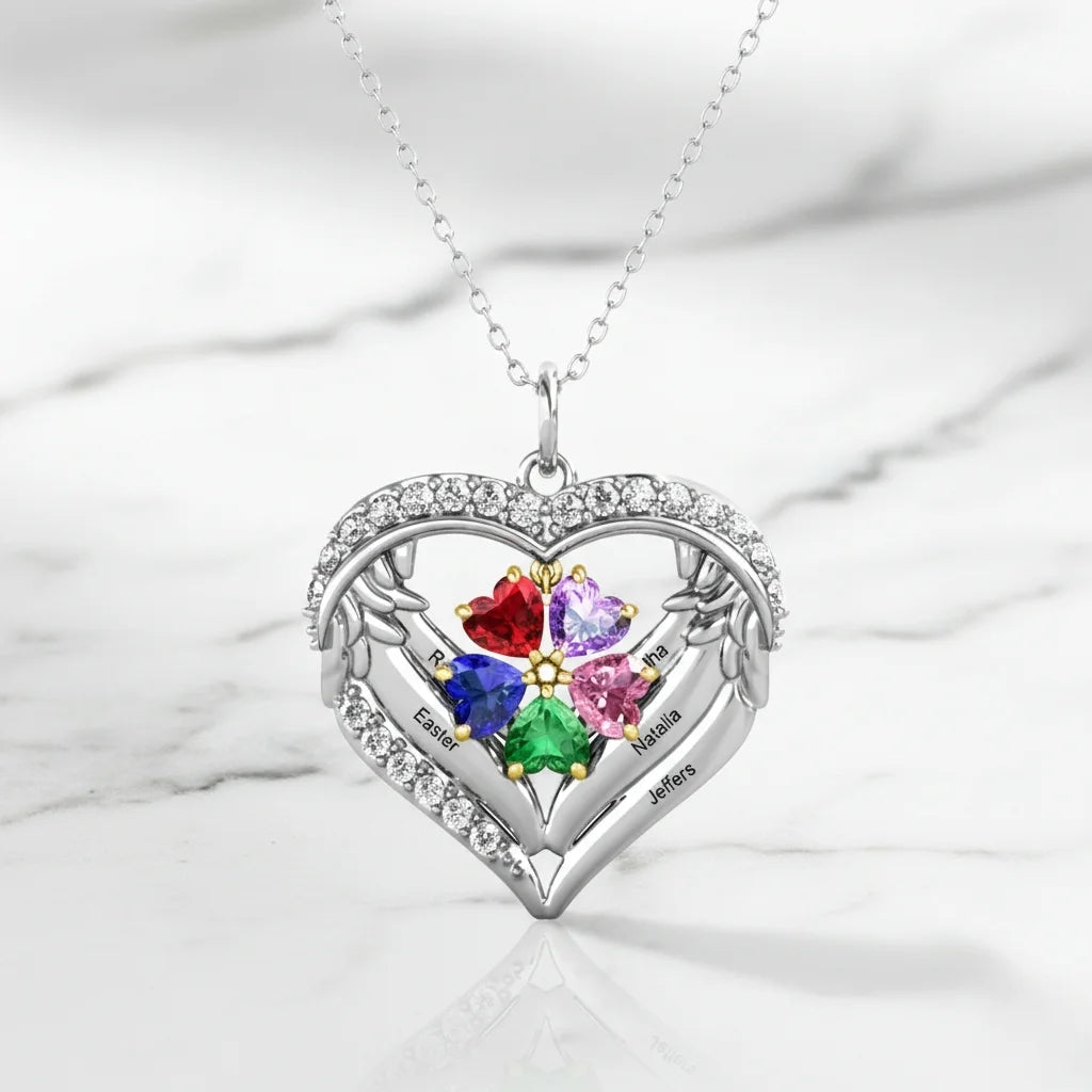 Personalised Sterling Silver Heart Wing Birthstone Necklace – Custom Engraved Names