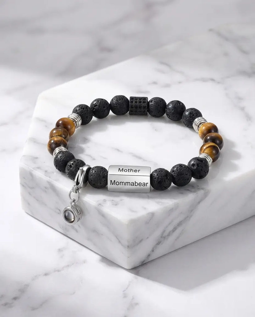 Personalised Tiger's Eye & Lava Rock Photo Projection Bracelet - Detachable Charm IfShe UK
