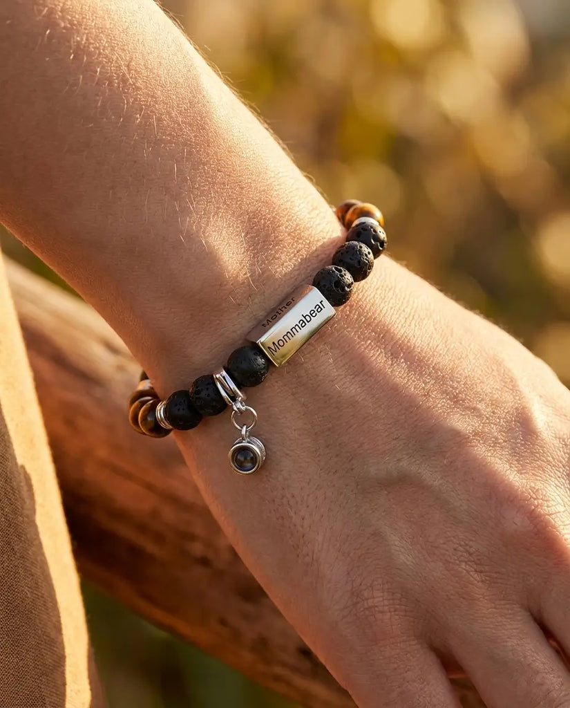 Personalised Tiger's Eye & Lava Rock Photo Projection Bracelet - Detachable Charm IfShe UK