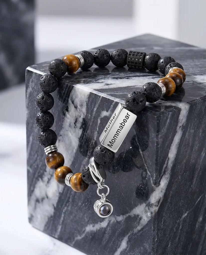 Personalised Tiger's Eye & Lava Rock Photo Projection Bracelet - Detachable Charm IfShe UK