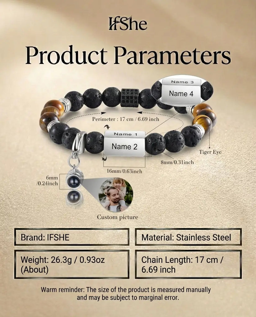 Personalised Tiger's Eye & Lava Rock Photo Projection Bracelet - Detachable Charm IfShe UK