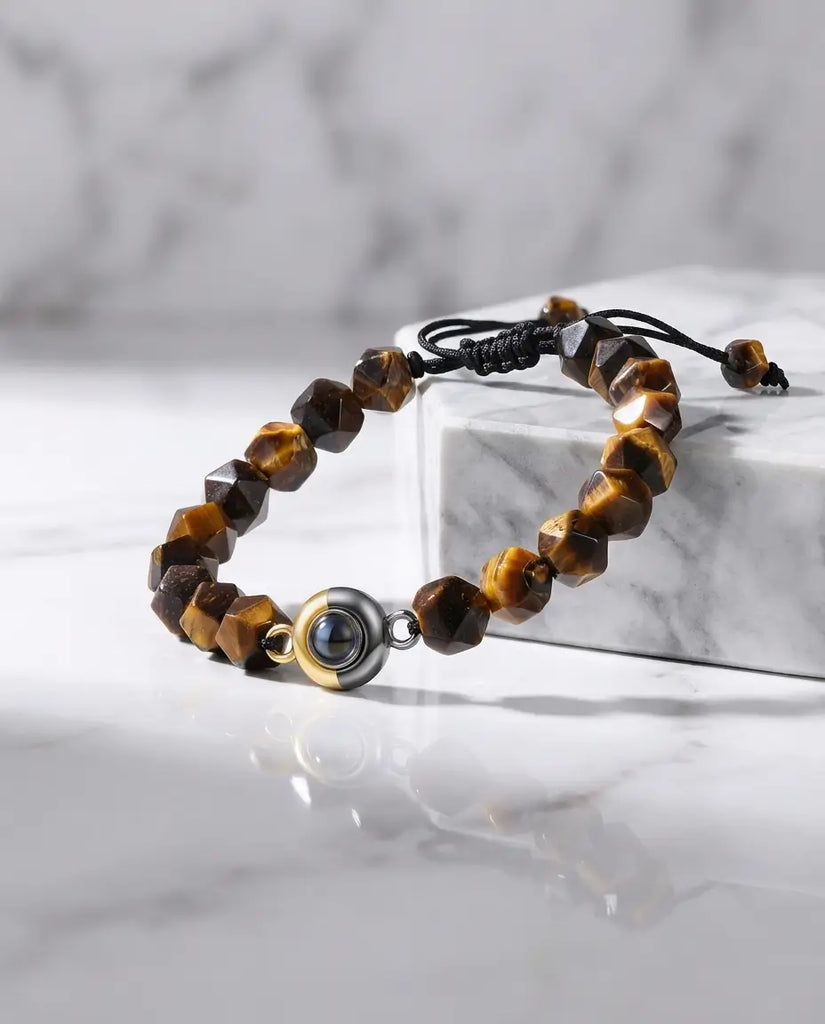 Personalised Tiger's Eye Photo Projection Bracelet - Unisex Beaded Bangle IfShe UK