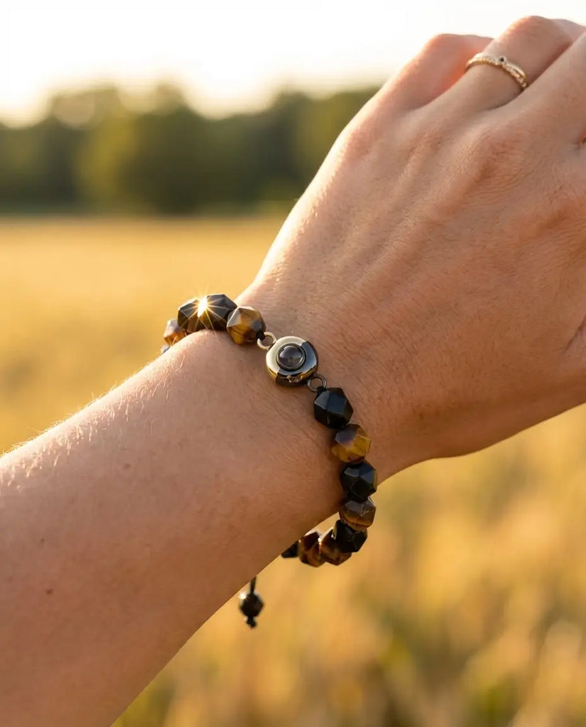 Personalised Tiger's Eye Photo Projection Bracelet - Unisex Beaded Bangle IfShe UK
